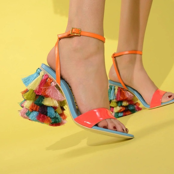 Kat Maconie Designer Colorful Fringe Tassel “Olive” Chunky Heel Sandals Eu 37 - Picture 1 of 12